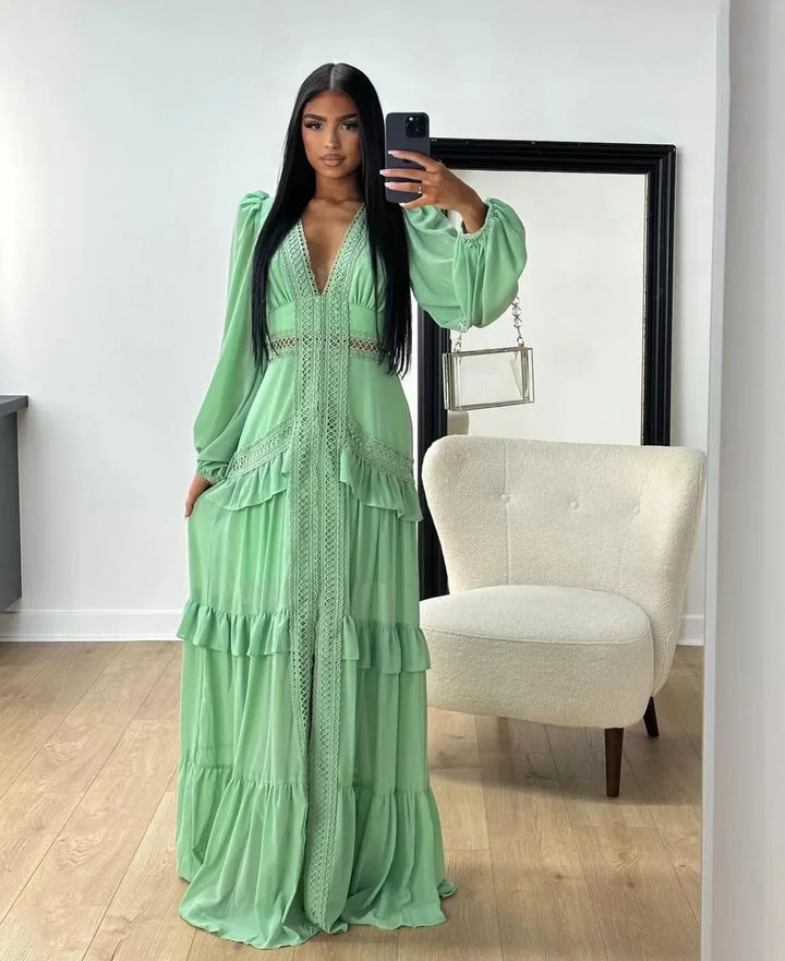 Seralyn Tiered Maxi Dress with Long Sleeves for Women - Light Green