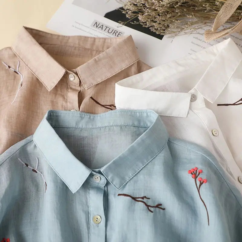 Summer Solid Collar Cotton Three Quarter Shirt Vintage Embroidered Loose Ca - gallery