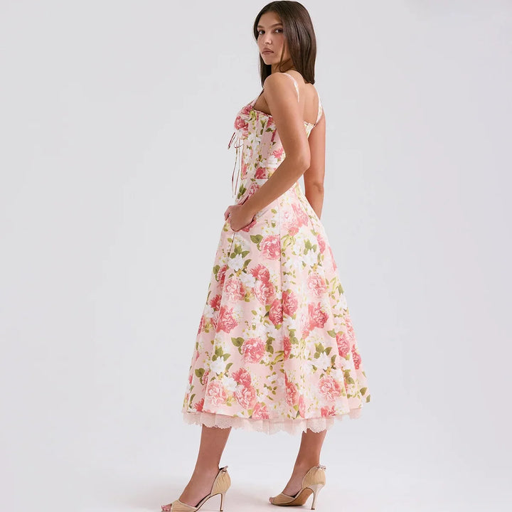 Roselisse Rose Print Corset Midi Dress with Wide Straps for Women - gallery
