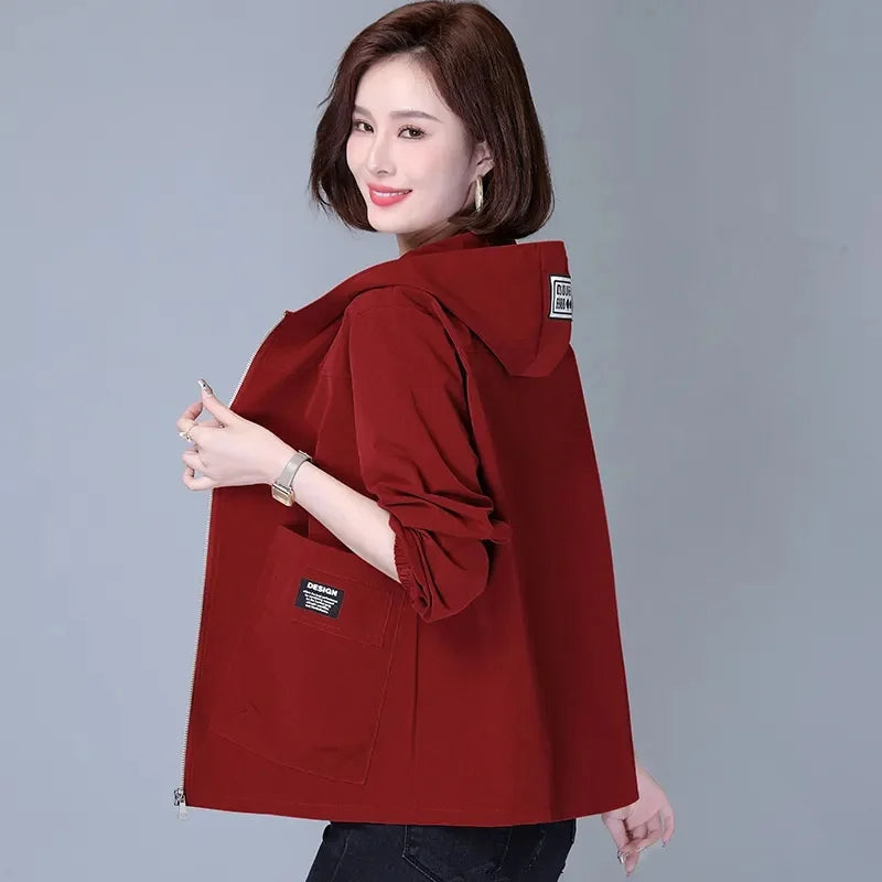 Jackets Hooded Summer Sun-Proof Zipper Trench Coats Loose Windbreaker Solid - Wine Red