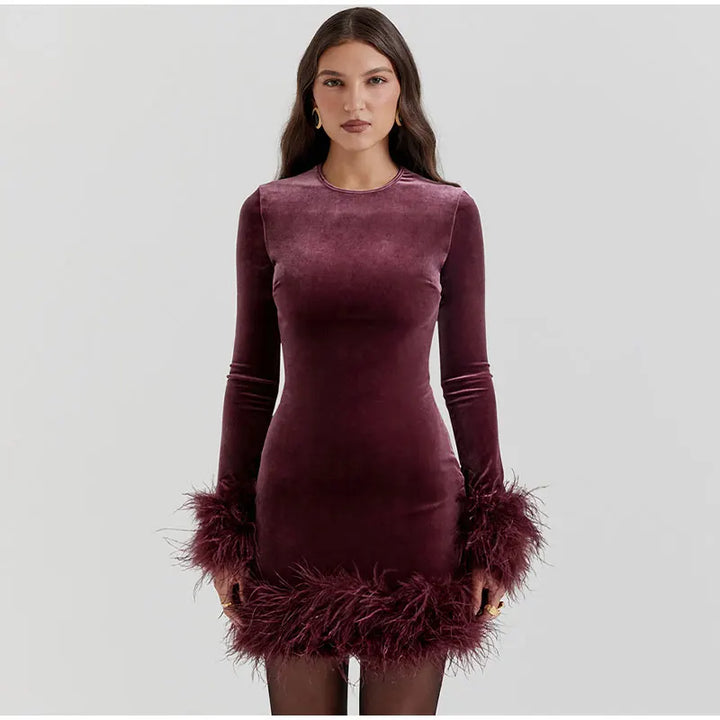 Feather-Trimmed Long-Sleeve Sheath Dress in Black