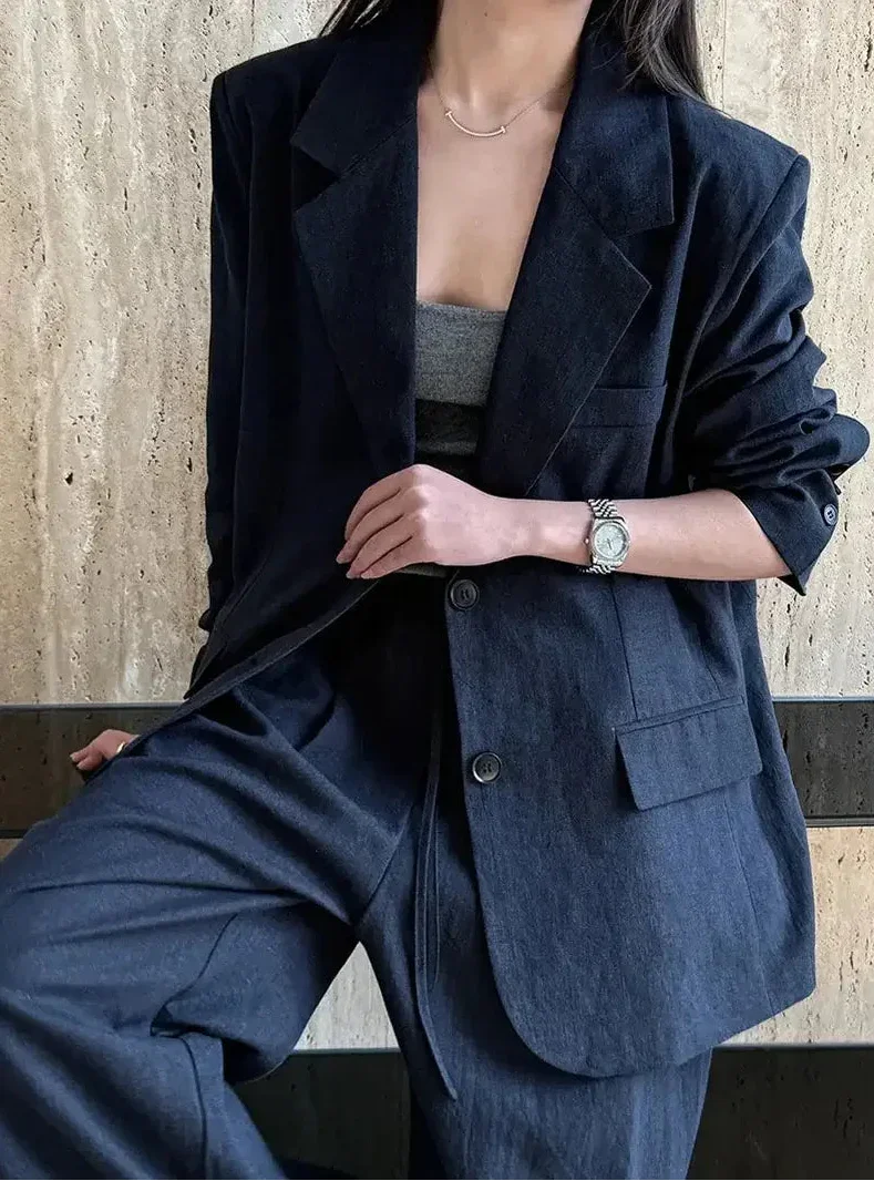 Premium Linen Blazer and Pants Set Trousers for Women - Blue Jacket