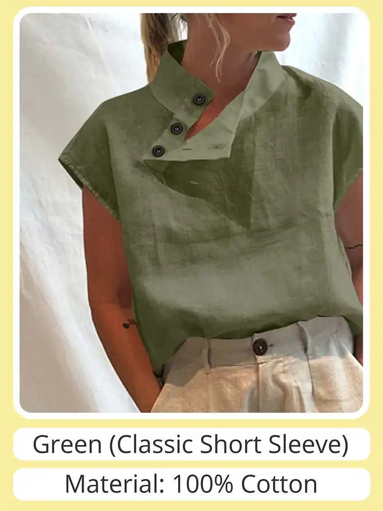 Stylish Cotton Linen Summer Blouse for Women - Green