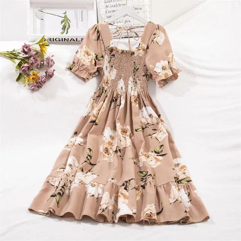 Spring Summer Chiffon Dresses Fashion Female Elastic Waist Short Sleeve Ple - Khaki Snow Lotus
