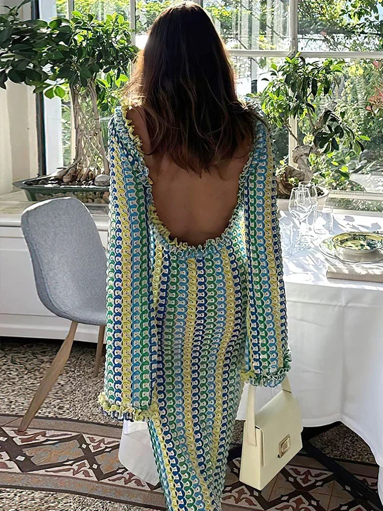 Liora Crochet Backless Maxi Dress – Flared Sleeve Holiday Dress, Beach C... — gallery