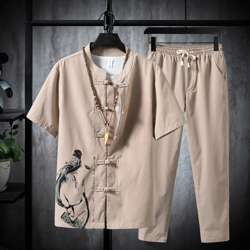 Premium Cotton-Linen Shirt and Trousers Set for Men - Beige