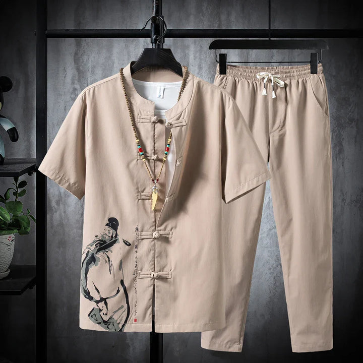 Premium Cotton-Linen Shirt and Trousers Set for Men - Beige