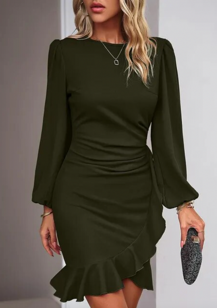 Long Sleeve Fitted Dress with Ruffled Asymmetric Hem