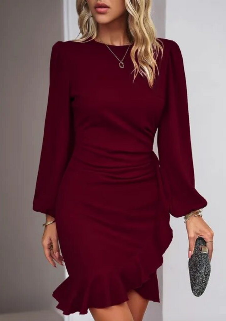 Long Sleeve Fitted Dress with Ruffled Asymmetric Hem