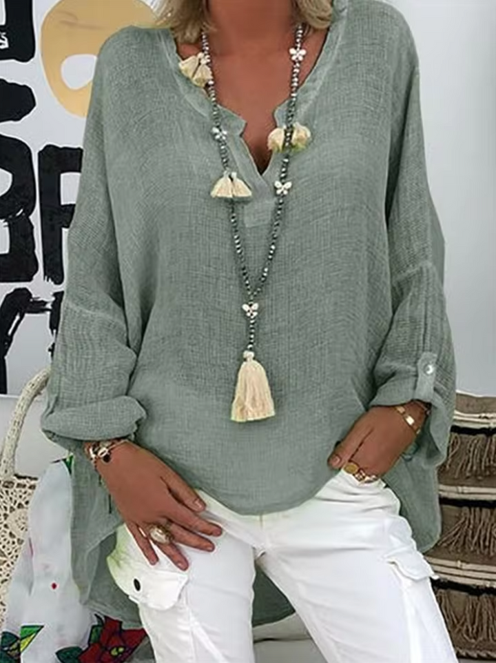 V-Neck Long Sleeve Top for Women - Grey & Green