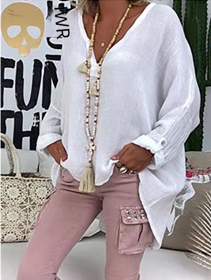 V-Neck Long Sleeve Top for Women - White