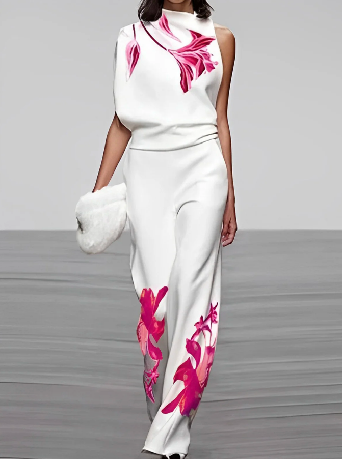 Floral Turtleneck and Wide-Leg Trouser Set for Women