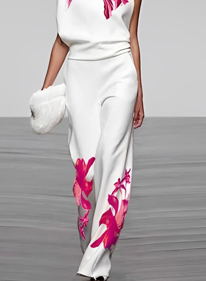 Floral Print Turtleneck and Wide-Leg Pant Ensemble