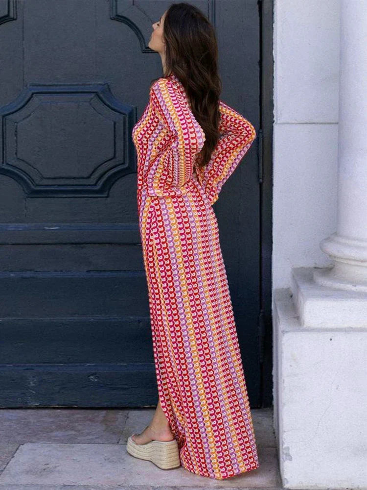 Liora Crochet Backless Maxi Dress – Flared Sleeve Holiday Dress, Beach C... — Red-Long
