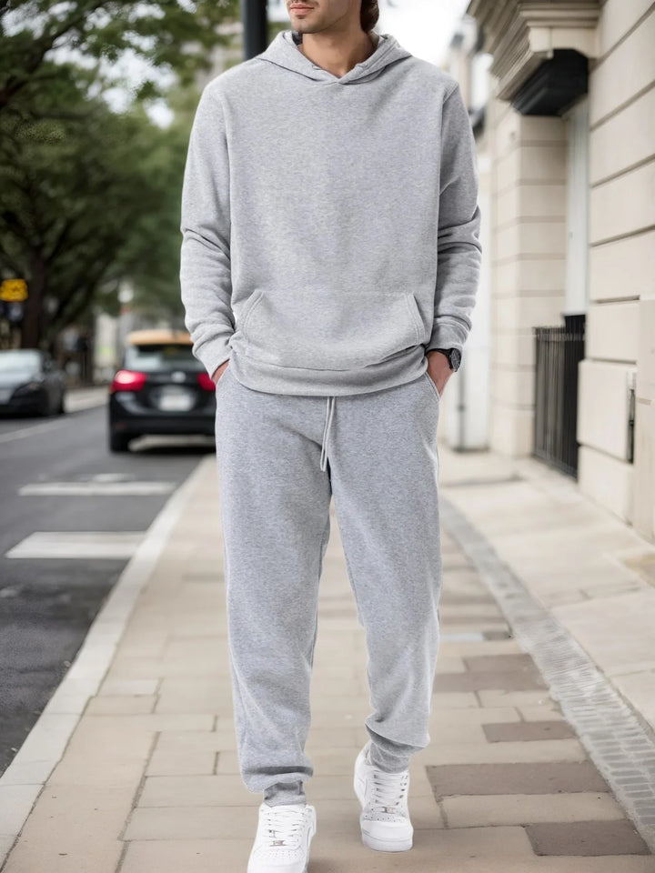 Men's Solid Fleece Hoodie and Joggers Set - Gray