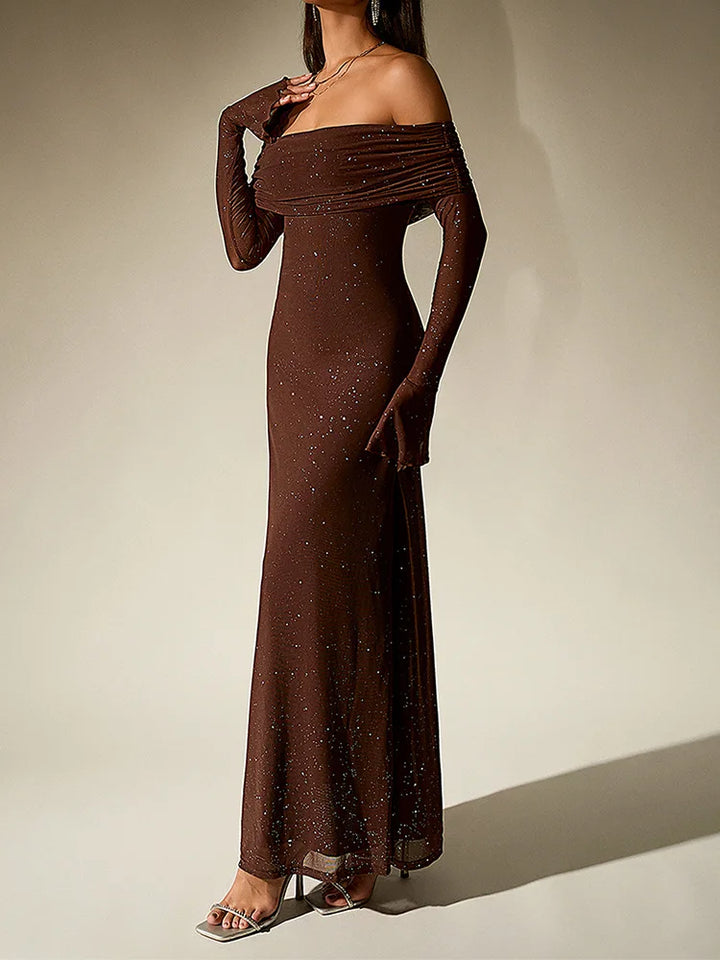 Aurevielle Off Shoulder Glitter Mesh Maxi Dress for Women - gallery