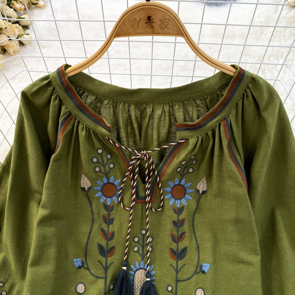 Embroidered O-Neck Loose Fit Blouse for Women - gallery