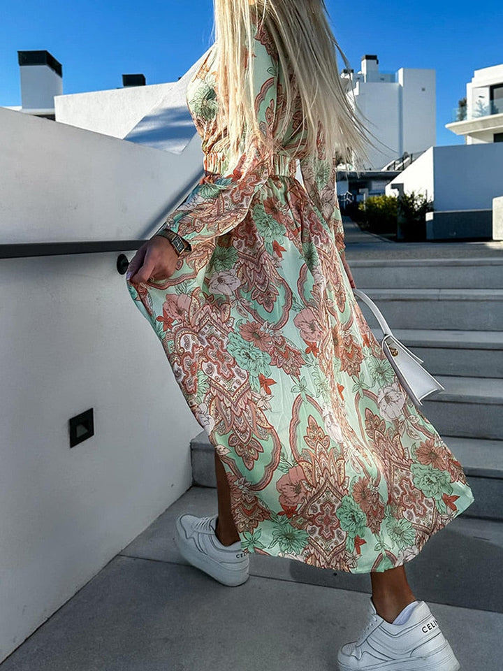 V-Neck Midi Dress with Side Slit and Lace-Up Detail