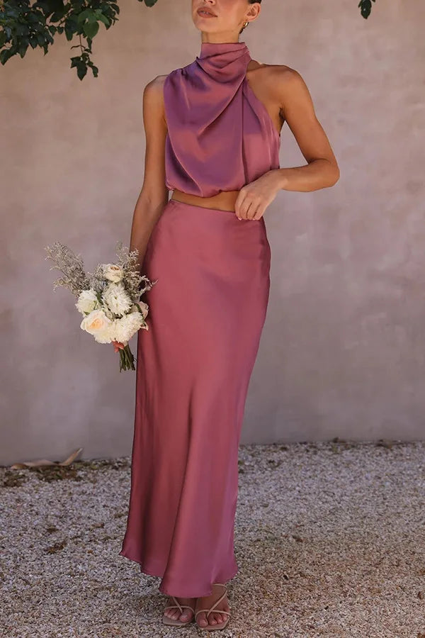 Sleeveless Top and Skirt Set with Asymmetric Neckline