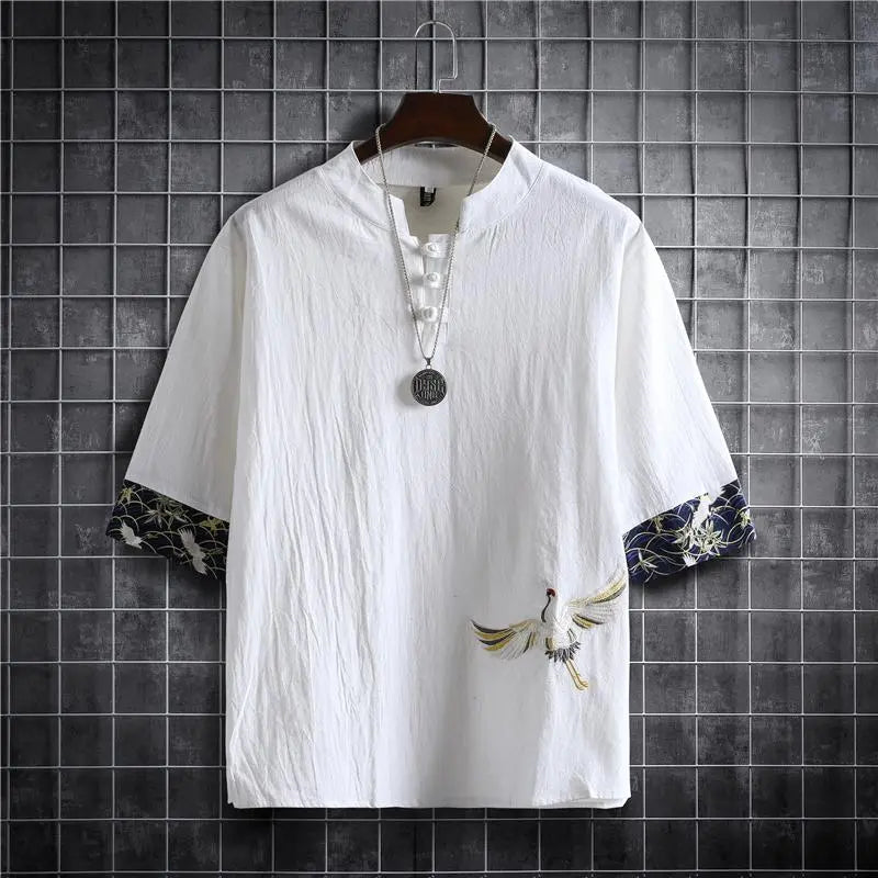 White Crane Chinese Style Shirt for Men - White