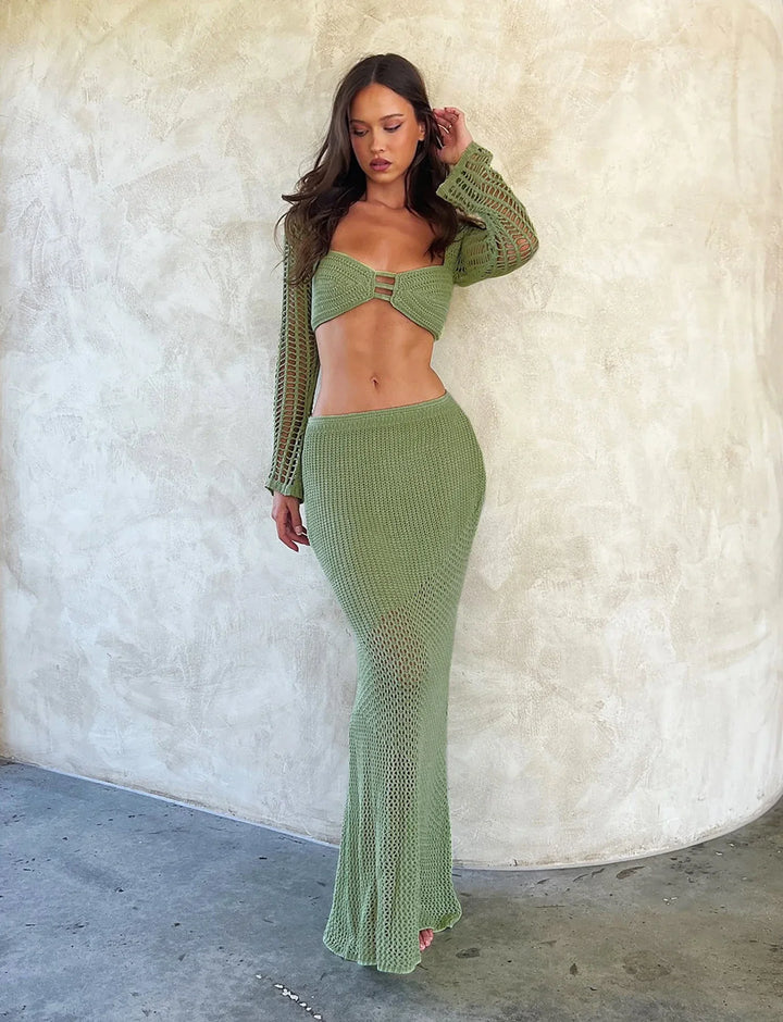 Seraya Crochet Two-Piece Maxi Skirt Set – Long Sleeve Cut Out Top Backless... — gallery