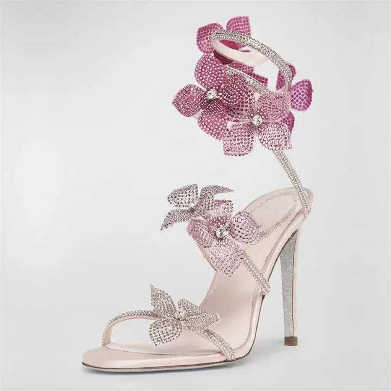Pink Crystal Flower Wrap-Up Heels for Women - gallery