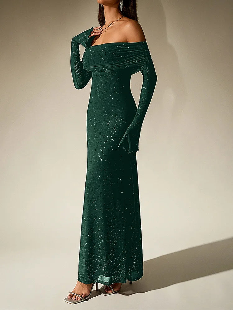 Aurevielle Off Shoulder Glitter Mesh Maxi Dress for Women - gallery