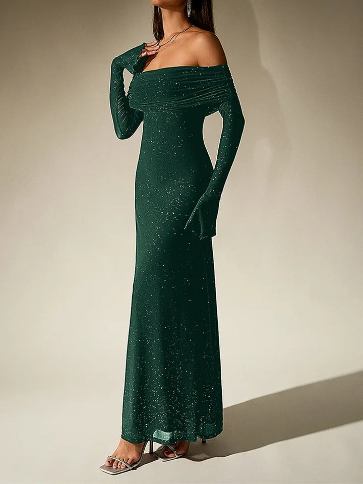 Aurevielle Off Shoulder Glitter Mesh Maxi Dress for Women - gallery