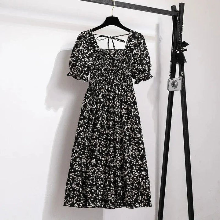 Spring Summer Chiffon Dresses Fashion Female Elastic Waist Short Sleeve Ple - gallery