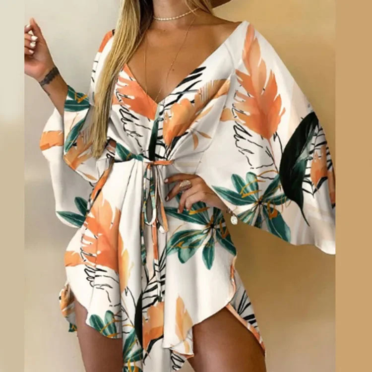 Print Dress Sexy V-Neck for Women - Orange