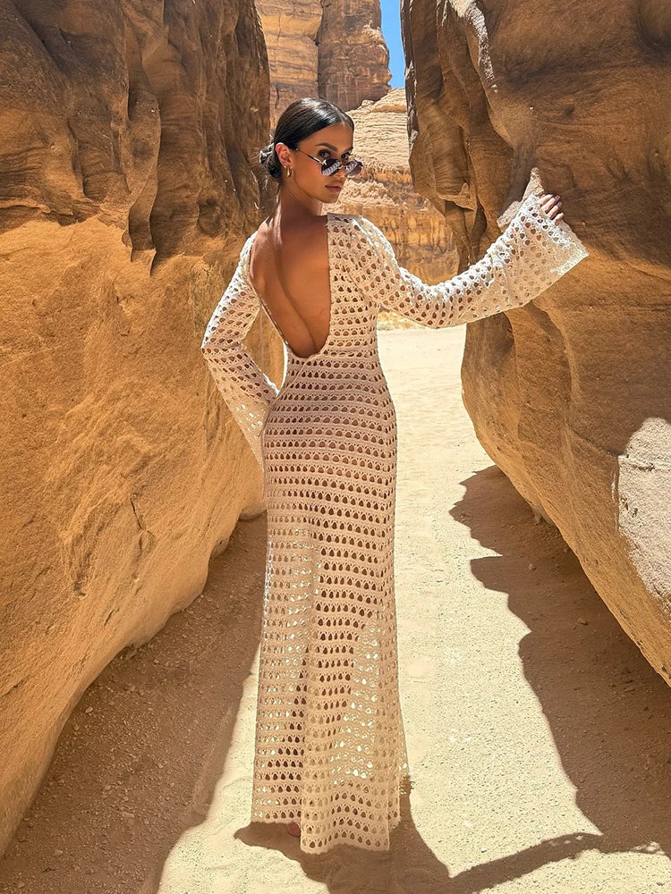Zarevia Backless Crochet Knit Maxi Dress – Long Sleeve Sheer Swimwear Co... — gallery