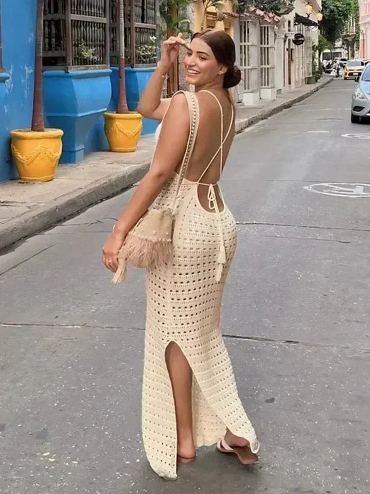 Sorelle Crochet Backless Maxi Dress – Strappy Knit Beach Dress with Side... — gallery