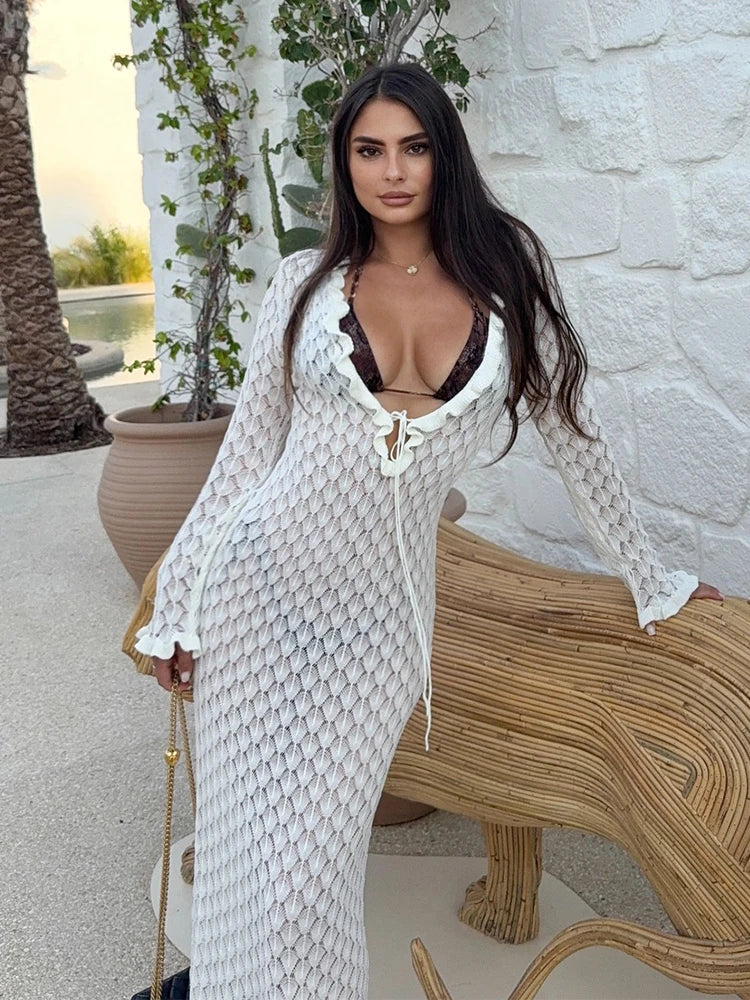 Aurelia Crochet Knit Beach Maxi Dress – Plunge Lace Up Cover Up with Ruf... — White
