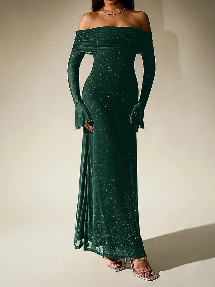 Aurevielle Off Shoulder Glitter Mesh Maxi Dress for Women - Emerald