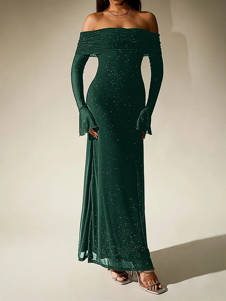 Aurevielle Off Shoulder Glitter Mesh Maxi Dress for Women - Emerald