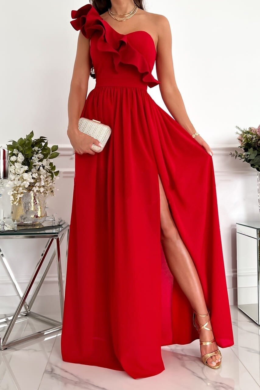 One-Shoulder Asymmetric Maxi Dress with Ruffle Hem