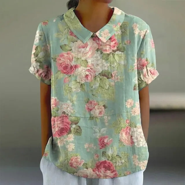 Short-Sleeve Floral Print Cotton Blouse for Women