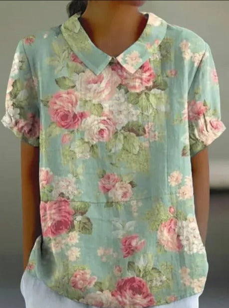 Short-Sleeve Floral Print Cotton Blouse for Women