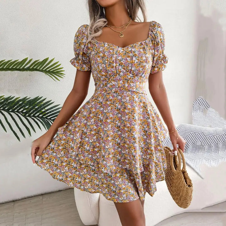 Square-Neck Floral Dress with Puff Sleeves for Women