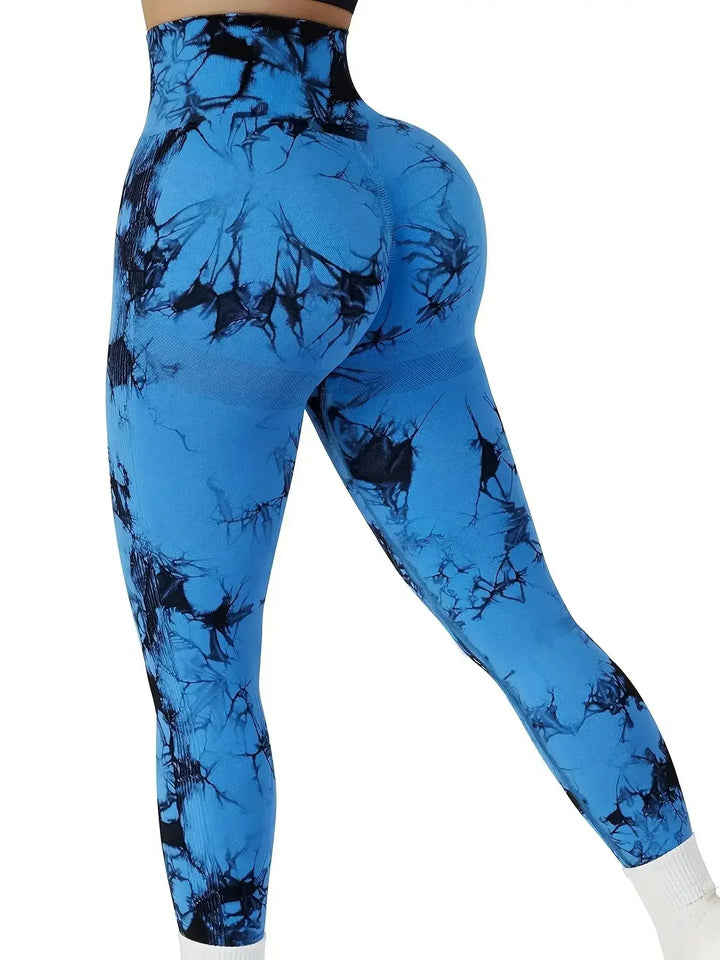 Tie-Dye Seamless Peach Leggings for Women - Blue & Black