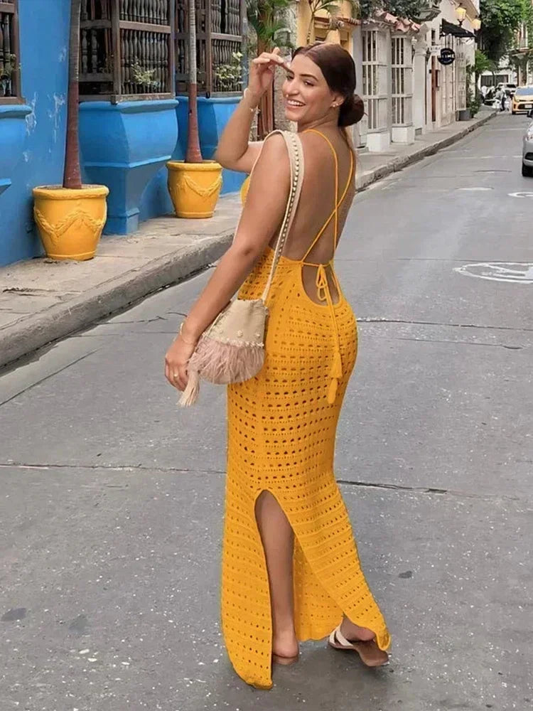 Sorelle Crochet Backless Maxi Dress – Strappy Knit Beach Dress with Side... — Yellow