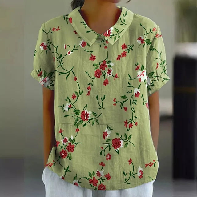 Short-Sleeve Floral Print Cotton Blouse for Women
