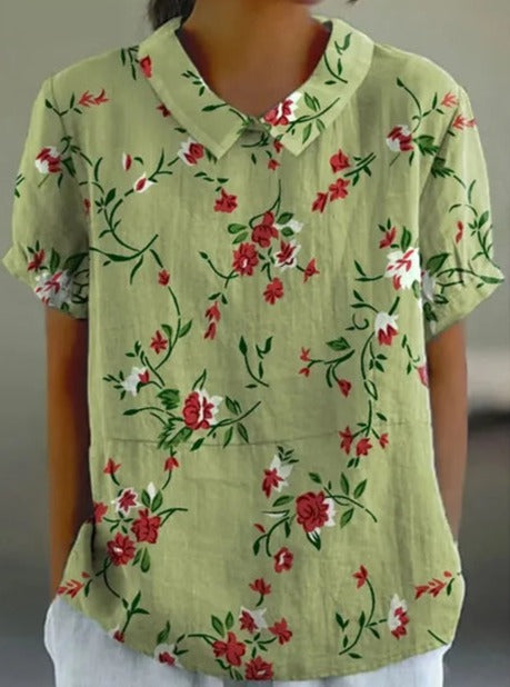 Short-Sleeve Floral Print Cotton Blouse for Women