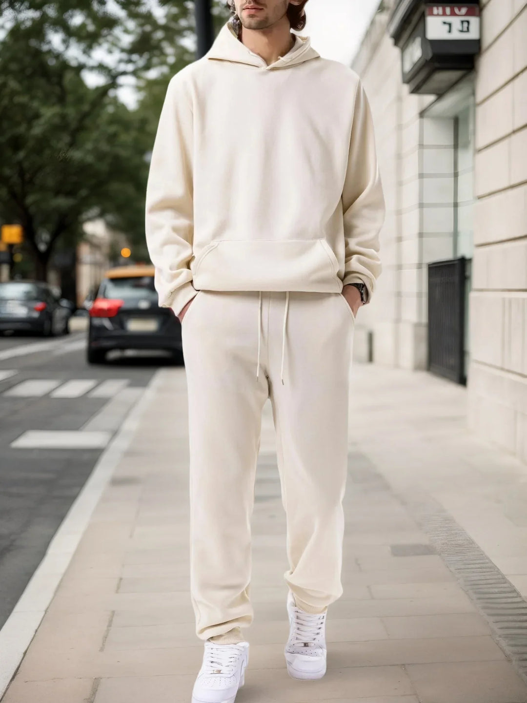Men's Solid Fleece Hoodie and Joggers Set - Khaki