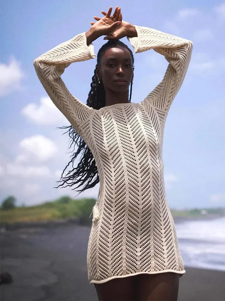 Zireya Backless Crochet Knit Mini Dress – Long Sleeve Sheer Swimwear Cov... — gallery