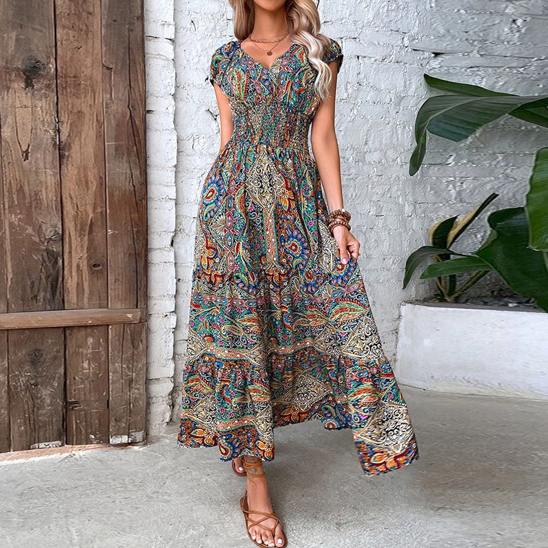 Bohemian Maxi Dress with Lace Trim and Vintage Print