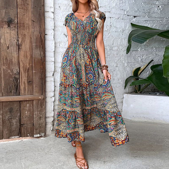 Bohemian Maxi Dress with Lace Trim and Vintage Print