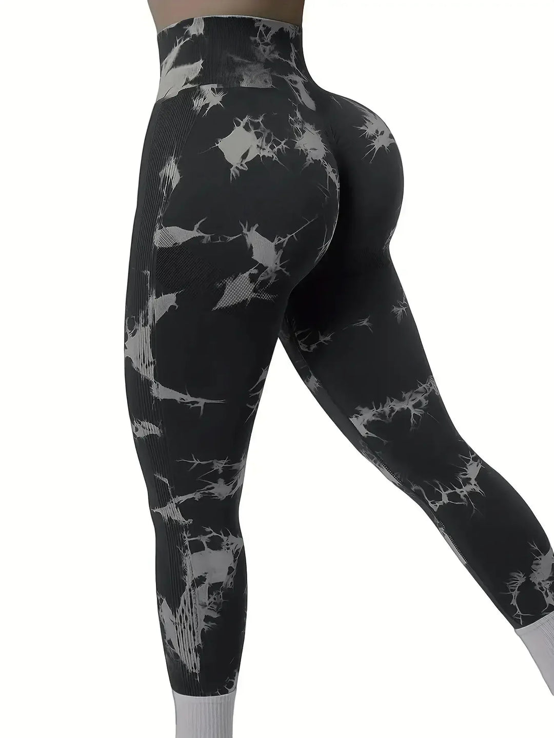 Tie-Dye Seamless Peach Leggings for Women - Black & White