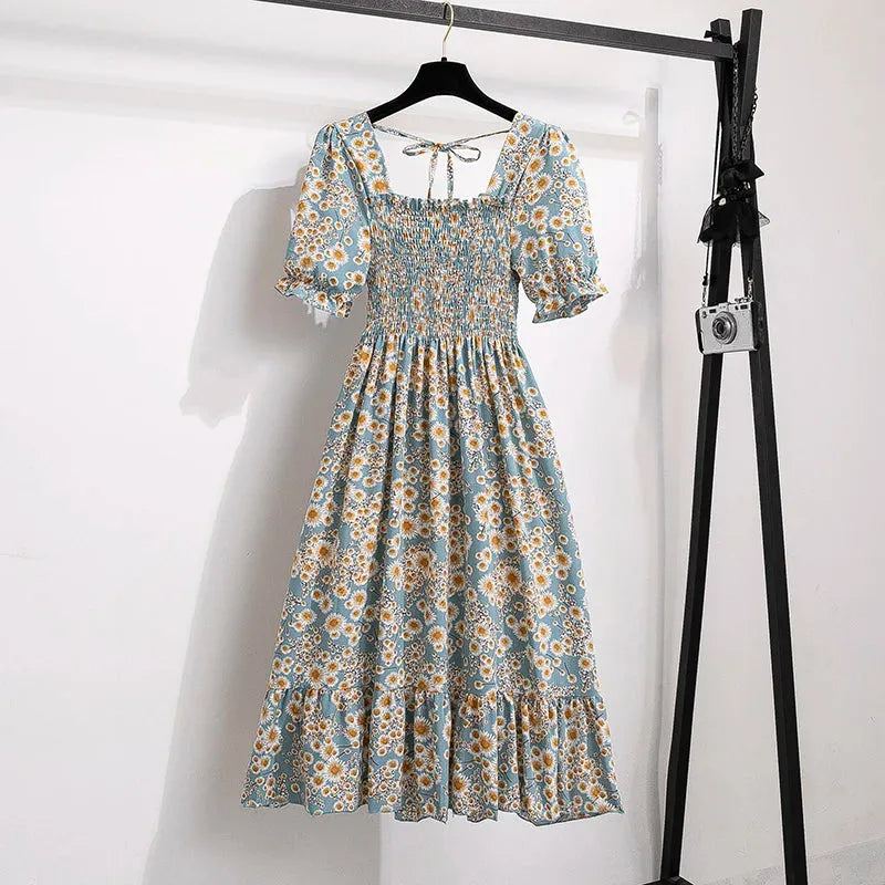 Spring Summer Chiffon Dresses Fashion Female Elastic Waist Short Sleeve Ple - Blue Dandelion