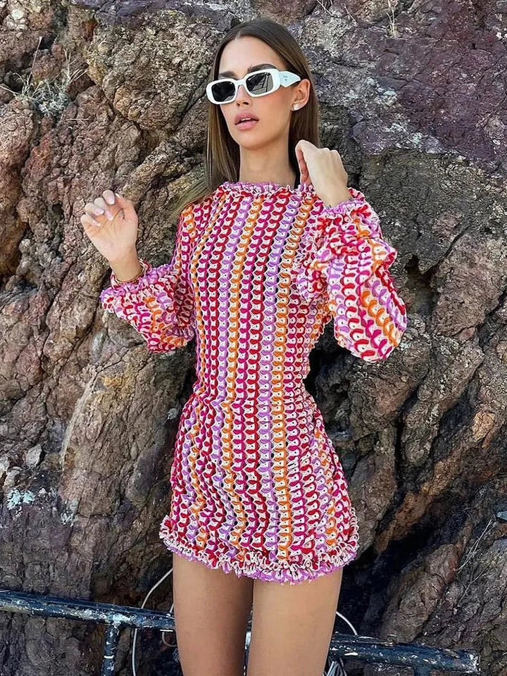 Liora Crochet Backless Maxi Dress – Flared Sleeve Holiday Dress, Beach C... — Red-Short